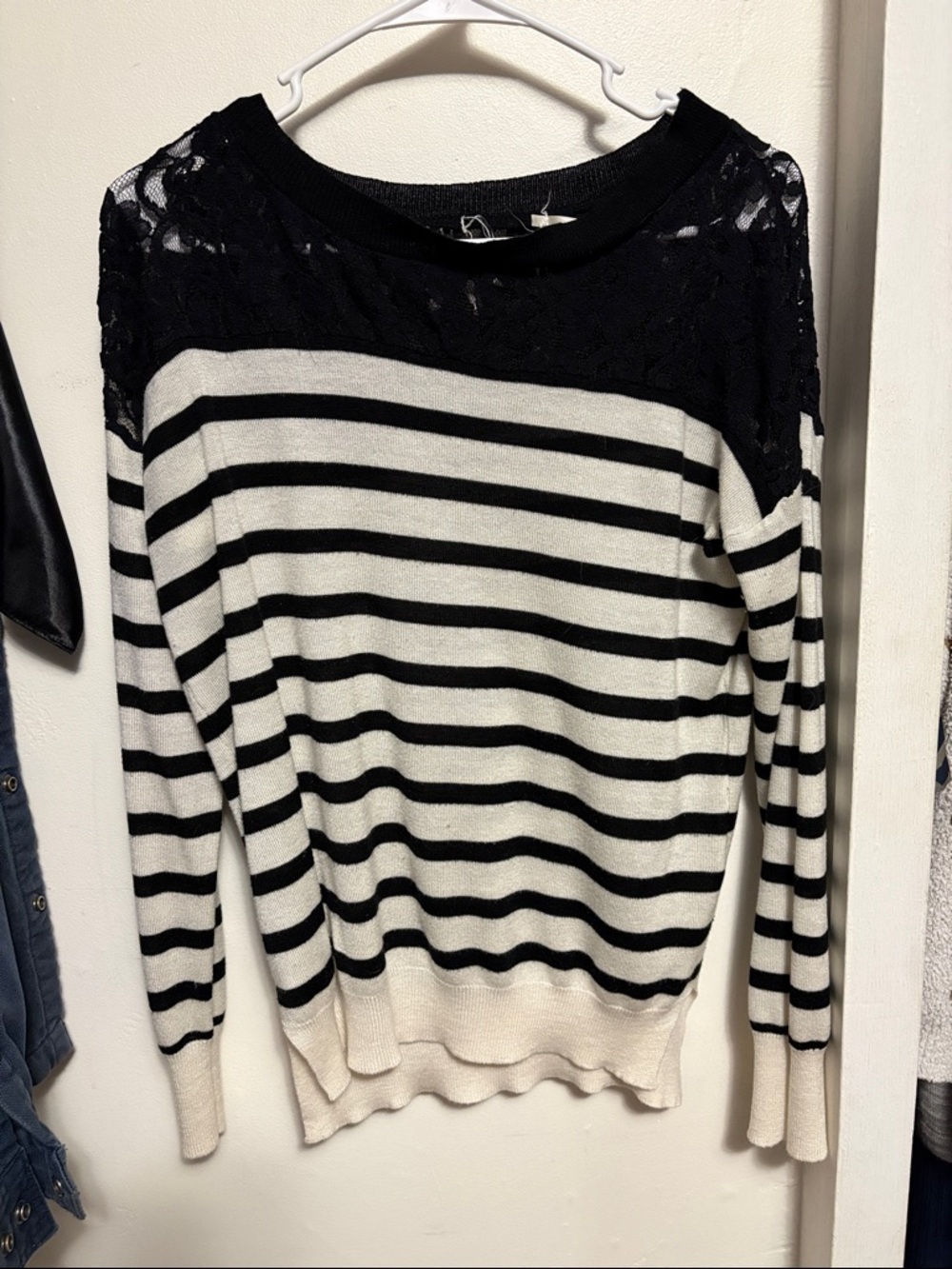 Black & White Striped Lace-Shoulder Sweater